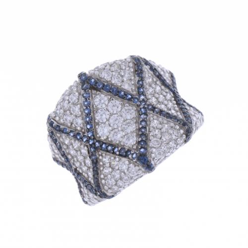 RHOMBUS RING WITH ZIRCONS AND SAPPHIRES.