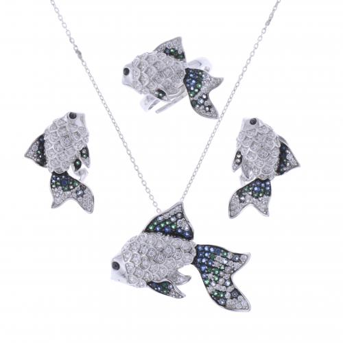 FISH-SHAPED RING, EARRINGS AND PENDANT SET.