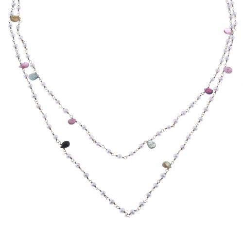 LONG NECKLACE WITH PEARL AND COLOURED SAPPHIRE.