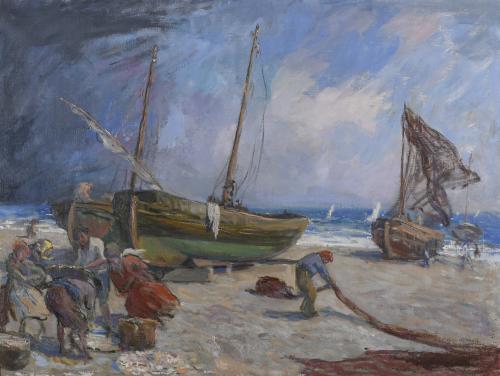 ALEXANDRE DE CABANYES MARQUES (1877-1972). "BARCAS EN LA PLAYA Y FIGURAS".