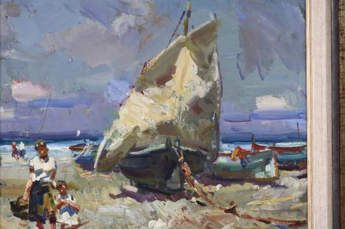 JOSEP SERRASANTA (1916-1998). "BARCAS Y FIGURAS EN LA PLAYA