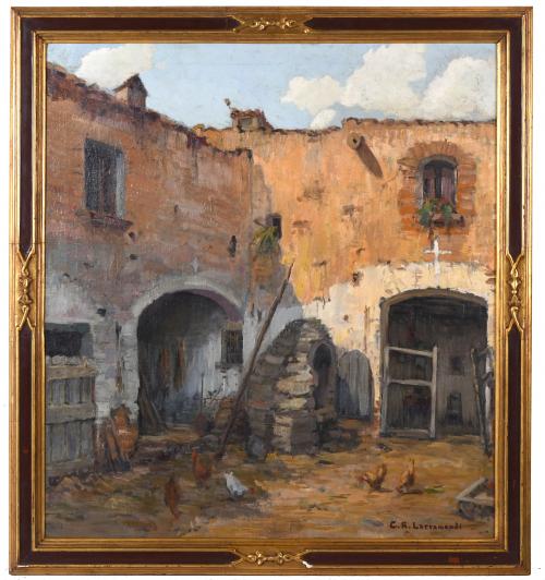 C.R. LARRAMENDI (19TH-20TH CENTURY). "COURTYARD WITH HENS".