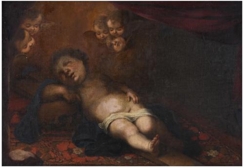 ESCUELA ESPAÑOLA, SIGLO XVIII. "NIÑO JESÚS DORMIDO SOBRE LA CRUZ Y CALAVERA". 