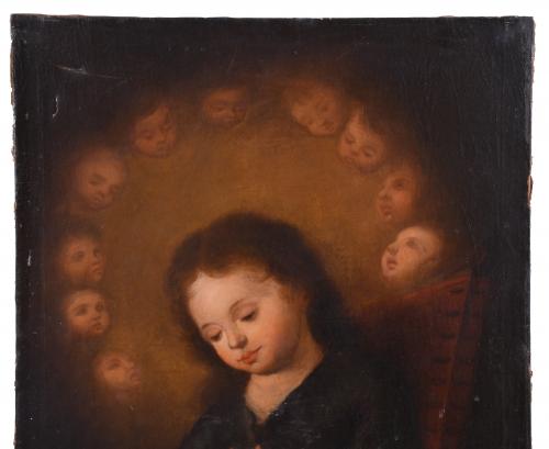 18TH CENTURY, SPANISH SCHOOL. "BABY JESUS SURROUNDED BY ANG