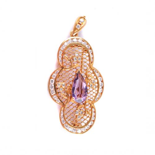 PENDANT BROOCH WITH DIAMONDS AND AMETHYST.