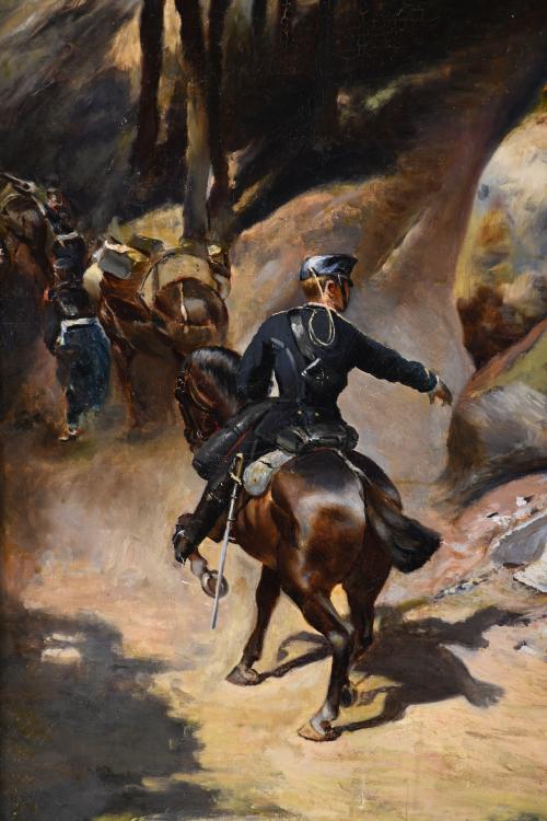 ESCUELA ESPAÑOLA, SIGLO XIX. "MILITARES Y CABALLOS", 1897.