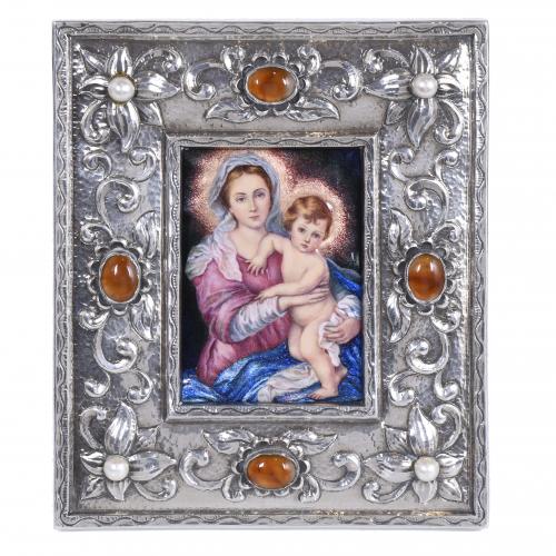 547-MINIATURA DE VIRGEN CON NIÑO EN MARCO EN PLATA, MED. SIGLO XX.