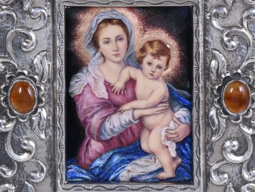 MINIATURA DE VIRGEN CON NIÑO EN MARCO EN PLATA, MED. SIGLO 