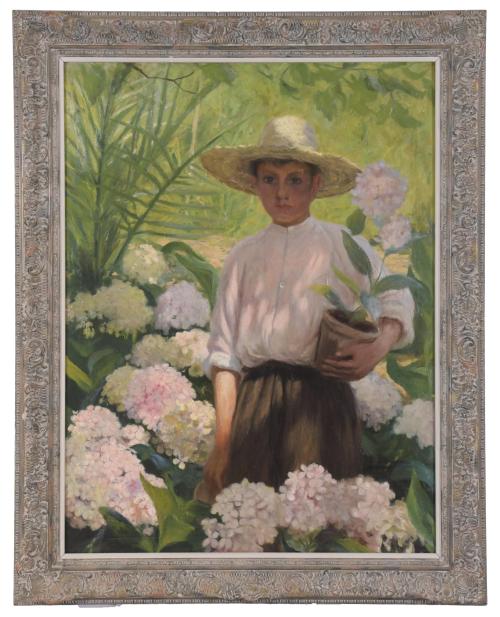 EARLY 20TH CENTURY SPANISH SCHOOL. "CHILD WITH HYDRANGEAS".