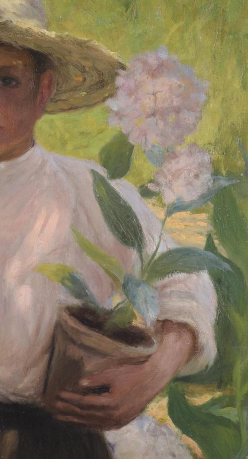 EARLY 20TH CENTURY SPANISH SCHOOL. "CHILD WITH HYDRANGEAS".