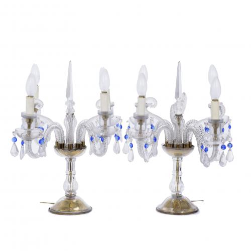 PAREJA DE CANDELABROS EN CRISTAL ESTILO BACCARAT, SIGLO XX.