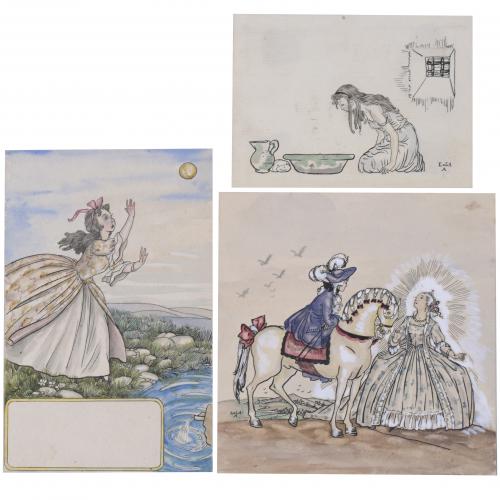 891-LOLA ANGLADA (1892-1984).  Conjunto de 3 ilustraciones, una de ellas para el libro de "El Rey Rana."