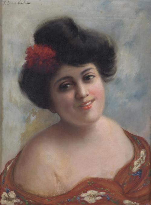 ESCUELA ESPAÑOLA, SIGO XIX-XX. "RETRATO JOVEN CON CLAVEL".