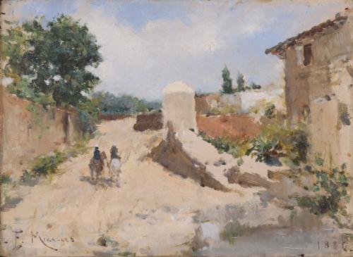 653-FRANCISCO MIRALLES Y GALUP (1848-1901). "PAISAJE CON FIGURAS A CABALLO", 1886.