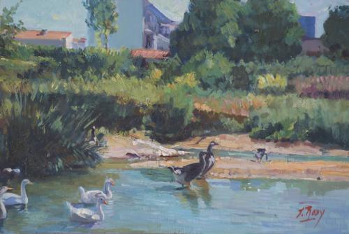 20TH CENTURY SPANISH SCHOOL. "LANDSCAPE WITH DUCKS". 