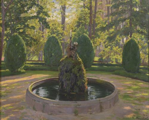 718-SANTIAGO RUSIÑOL (1861-1931). "JARDÍN CON SURTIDOR", Aranjuez, Circa 1920.