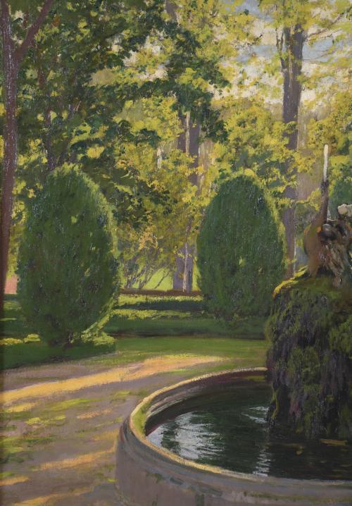 SANTIAGO RUSIÑOL (1861-1931). "JARDÍN CON SURTIDOR", Aranju