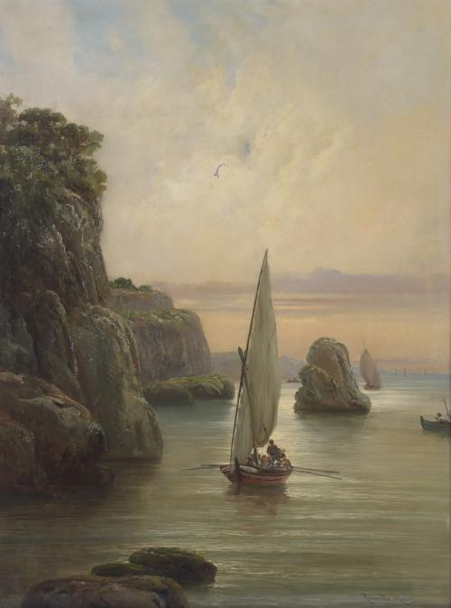 RICARDO MARTÍ AGUILÓ (1868-1936). "MARINA CON VELERO".