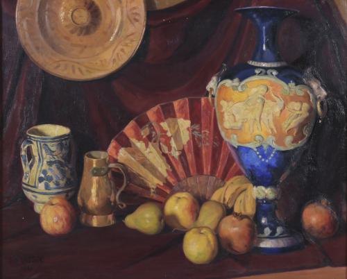 JOSEP Mª VILÀ CANYELLES (1913-2001). "BODEGÓN CON JARRÓN, ABANICO Y FRUTAS", 1932.