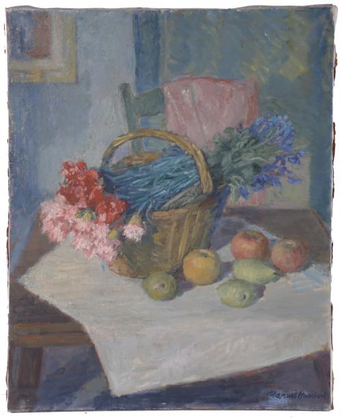 MANUEL HUMBERT (1890-1975). "BODEGON CESTA DE FLORES, MANZANAS Y PERAS".