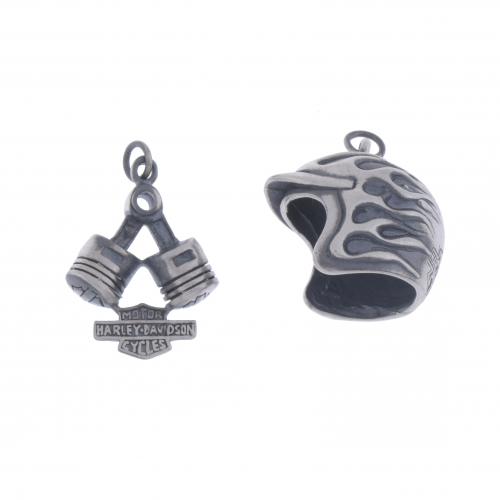 TWO HARLEY DAVIDSON PENDANTS.