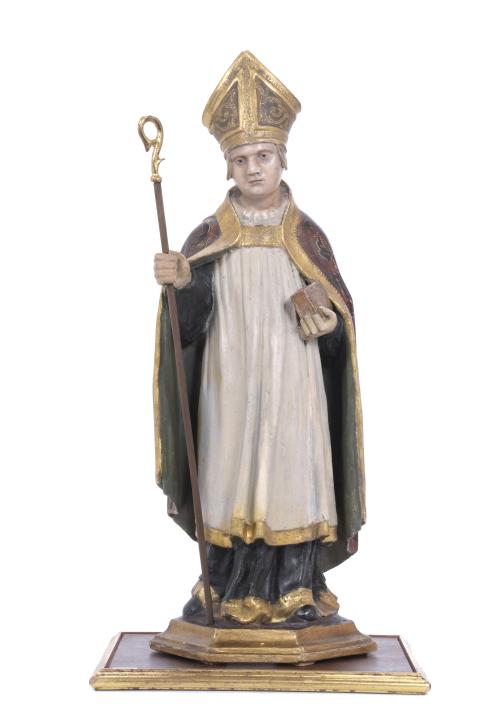 19TH CENTURY, SPANISH SCHOOL. CARVING OF A BISHOP WITH A BO