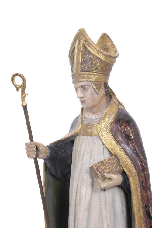 19TH CENTURY, SPANISH SCHOOL. CARVING OF A BISHOP WITH A BO