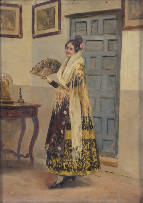 VICTORIANO CODINA LANGLIN (1844-1911).  "MUJER CON ABANICO Y MANTÓN".