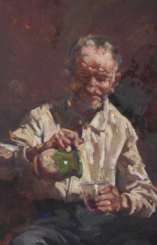 JOSEP SERRASANTA (1916-1998). "SEÑOR BEBIENDO VINO".