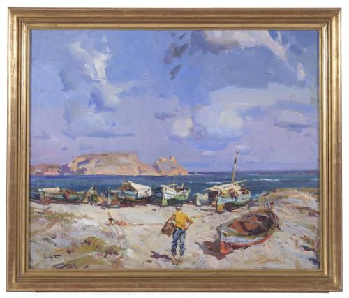 JOSEP SERRASANTA (1916-1998). "BARCAS EN LA PLAYA".