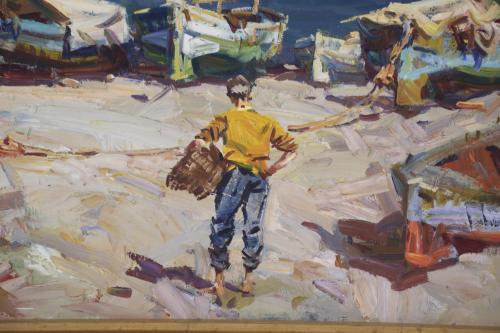 JOSEP SERRASANTA (1916-1998). "BARCAS EN LA PLAYA".