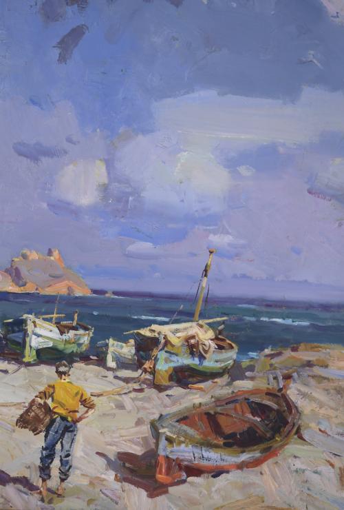 JOSEP SERRASANTA (1916-1998). "BOATS ON THE BEACH".