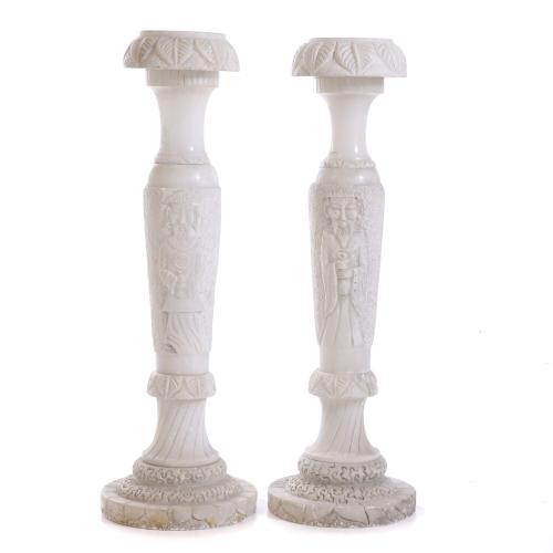 494-PAIR OF ALABASTER COLUMNS WITH ORIENTAL MOTIFS.