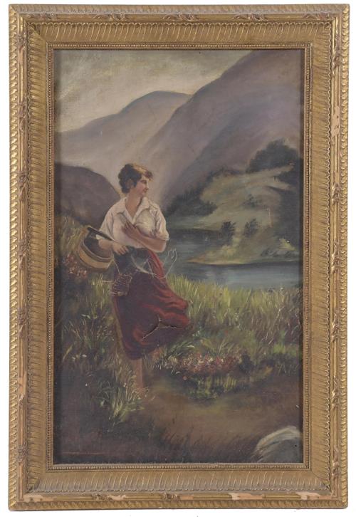 20TH CENTURY SPANISH SCHOOL. "GIRL BY THE LAKE".