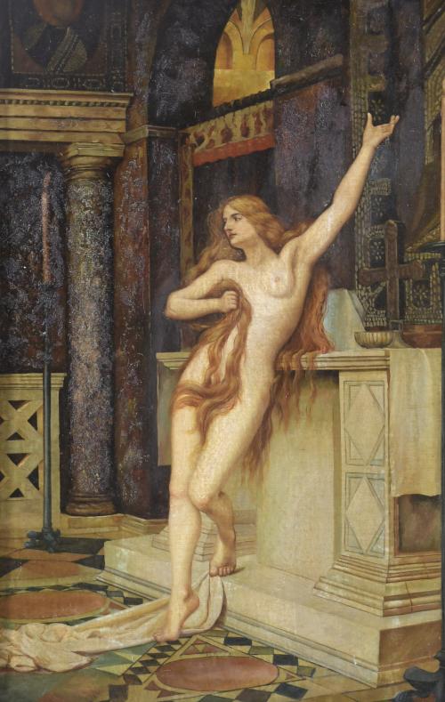 ESCUELA INGLESA, PPS. SIGLO XX. "HYPATIA", copia de Charles William Mitchell, pintor inglés de la escuela Prerrafaelita.