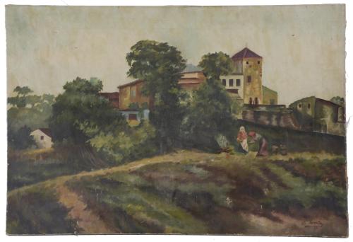 647-ESCUELA ESPAÑOLA, SIGLO XX. "PAISAJE  RURAL CON FIGURAS", 1917.