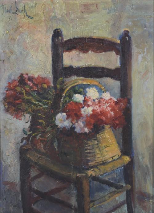 662-ELADI DUCH MOSTEIRO (1931-2020).  "CESTA DE FLORES SOBRE SILLA DE MIMBRE".