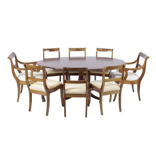 REGENCY STYLE DINING TABLE, TWO ARMCHAIRS AND SIX CHAIRS. 2