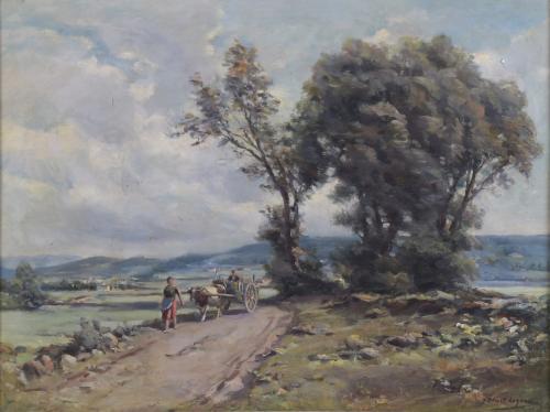 JOSE OLIVET LEGARES (1885-1956).  "PAISAJE RURAL CON CARRO".