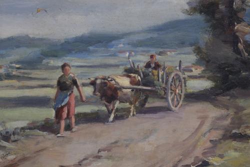 JOSE OLIVET LEGARES (1885-1956).  "PAISAJE RURAL CON CARRO".