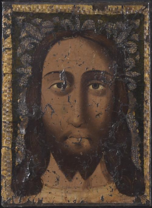 17TH CENTURY ANDALUSIAN SCHOOL. "HOLY FACE" EMBOSSED LEATHER.