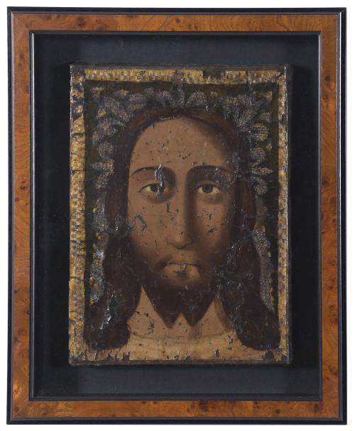 17TH CENTURY ANDALUSIAN SCHOOL. "HOLY FACE" EMBOSSED LEATHE