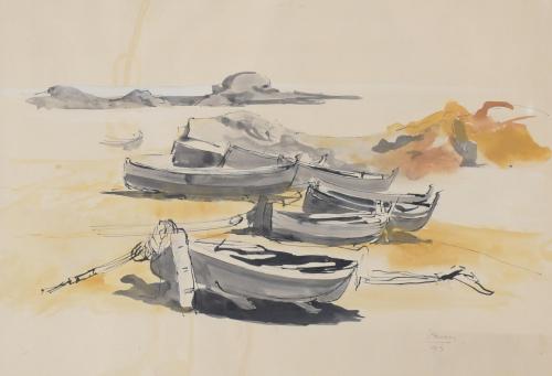 JOSEP MARIA PRIM GUYTO (1907-1973). "BOATS ON THE BEACH", 1944.