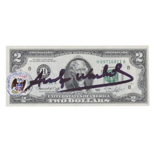 ATTRIBUTED TO ANDREW WARHOL (1928-1987). AMERICAN TWO-DOLLAR NOTE SIGNED AND STAMPED BY THE ARTIST, 1976.