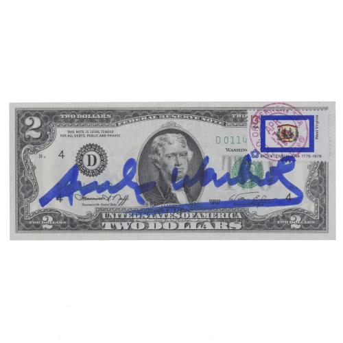 ATTRIBUTED TO ANDREW WARHOL (1928-1987). AMERICAN TWO-DOLLAR NOTE SIGNED AND STAMPED BY THE ARTIST, 1976.