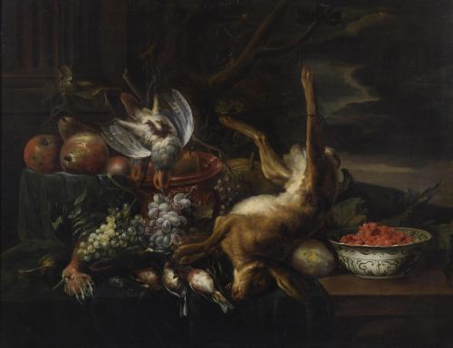 588-18TH-19TH CENTURY DUTCH SCHOOL. "HUNTING AND FRUITS STILL LIFE".