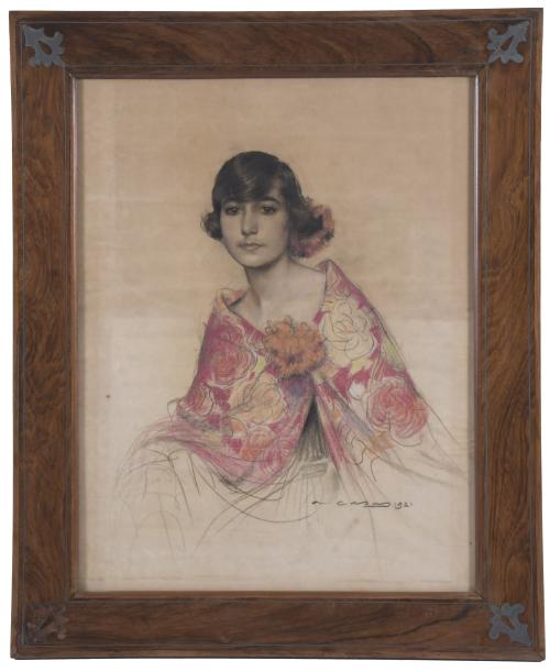 RAMÓN CASAS Y CARBO (1866-1932). "JOVEN CON MANTILLA", 1921.