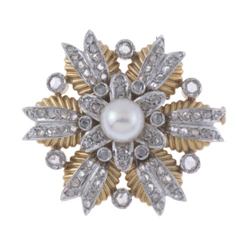 FLORAL ROUND BROOCH WITH PEARL, 1950'S.