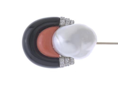 CORAL, ONYX AND PEARL CARTIER STYLE LAPEL PIN.