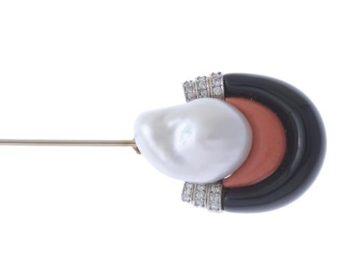 CORAL, ONYX AND PEARL CARTIER STYLE LAPEL PIN.